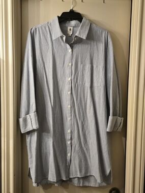 Striped Light Blue & White Button-Front Mini Shirt Dress